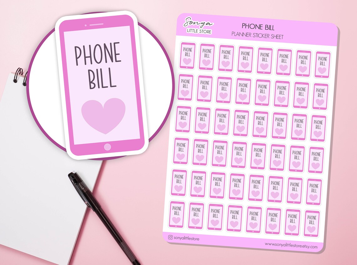 Phone Bill Planner Stickers | Mobile Phone Pay Bill Due Reminder Stickers | Functional Planner Journal Diary Sticker Sheet