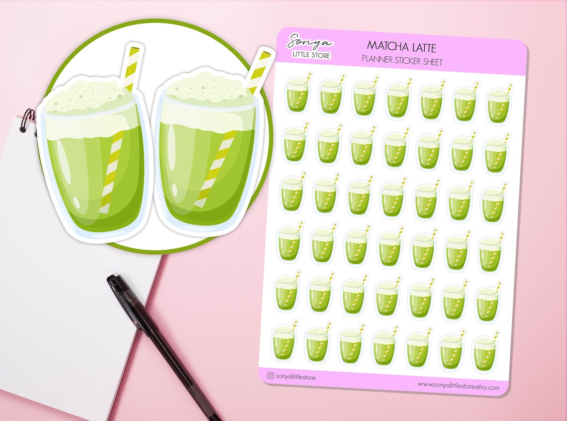 Matcha Latte Planner Stickers | Matcha Drink Stickers Green Healthy Drink Journal Diary Sticker Sheet