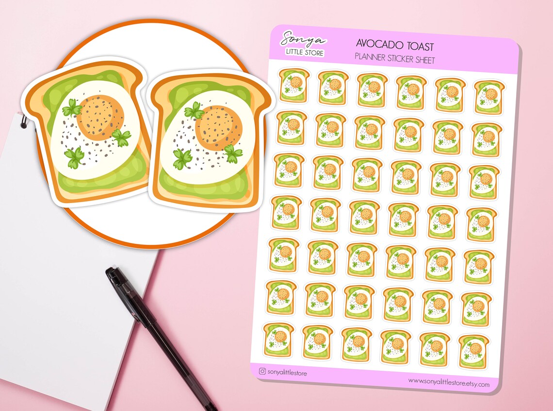 Avocado Toast Planner Stickers | Avocado Egg Toast Breakfast Stickers Journal Diary Sticker Sheet