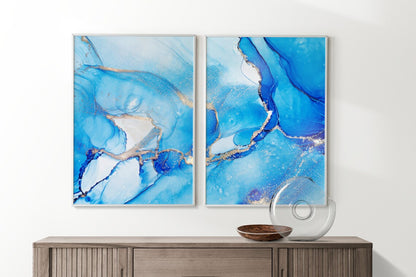 Blue Marble Wall Print Set of 2 | Ocean Blue Minimalist Marble Art Poster | Living Room Bedroom Wall Home Decor