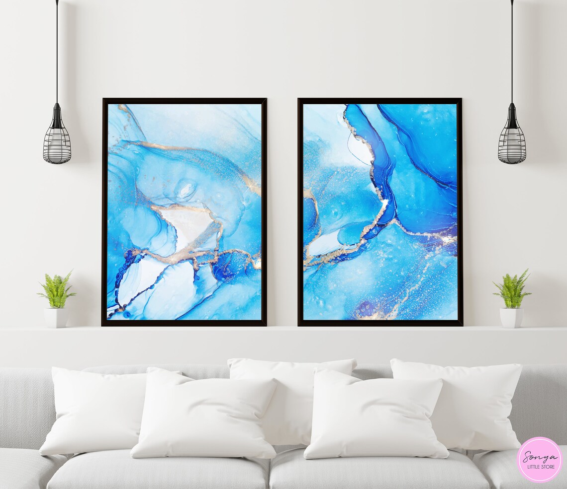 Blue Marble Wall Print Set of 2 | Ocean Blue Minimalist Marble Art Poster | Living Room Bedroom Wall Home Decor