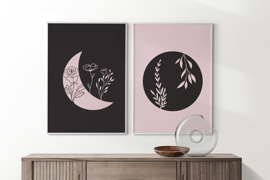 Moon and Flowers Wall Print Set of 2 | Moon Floral Minimalist Wall Art Poster | Living Room Bedroom Wall Decor | Home Decor