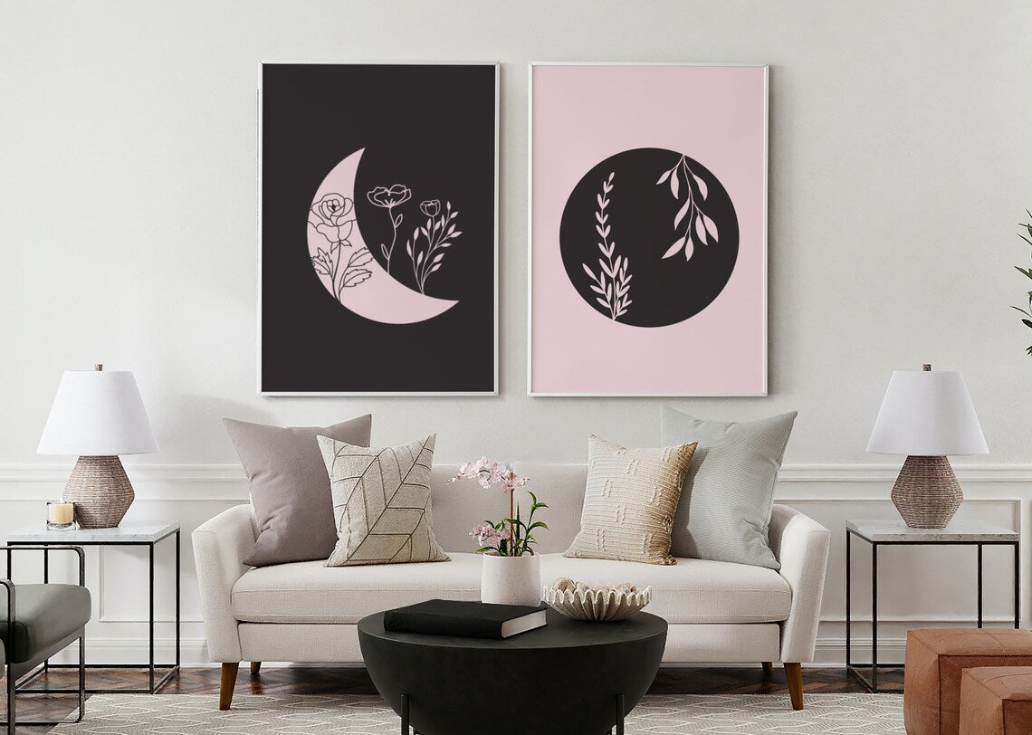 Moon and Flowers Wall Print Set of 2 | Moon Floral Minimalist Wall Art Poster | Living Room Bedroom Wall Decor | Home Decor