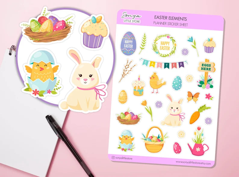 Easter Elements Planner Stickers | Easter Eggs, Rabbit, Chicken Stickers | Spring Easter Journal Diary Sticker Sheet