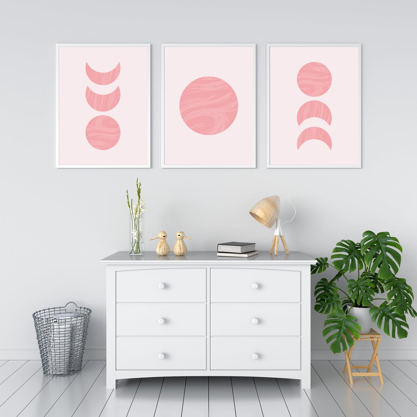 Pink Moon Wall Print Wall Art Poster set of 3 | Moon Phases Wall Decor A4 A3 | Wall Home Decor