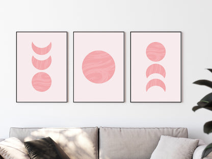 Pink Moon Wall Print Wall Art Poster set of 3 | Moon Phases Wall Decor A4 A3 | Wall Home Decor