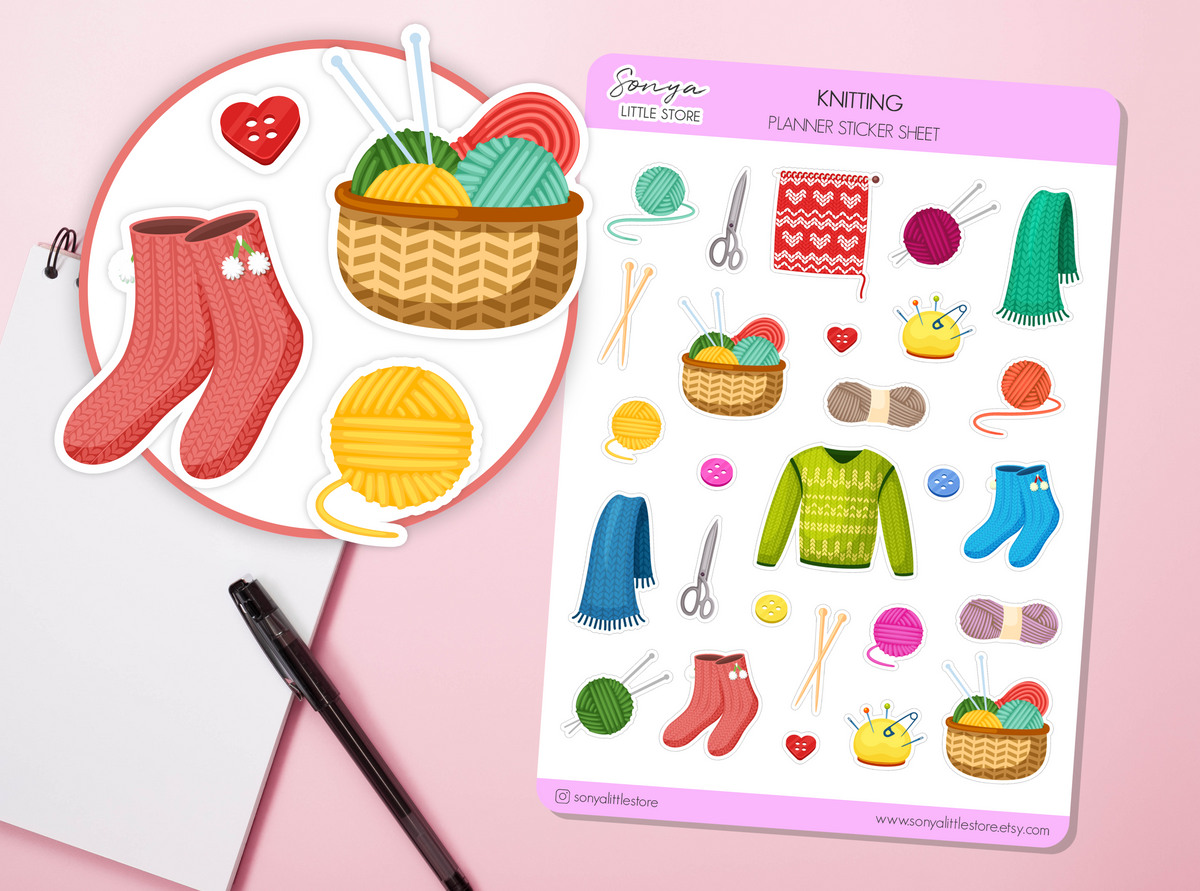 Knitting Set of Planner Stickers Sewing Tools Wools Balls of Thread Hobby Cosy Relax Bullet Journal Sticker Sheet