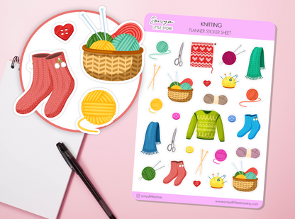 Knitting Set of Planner Stickers Sewing Tools Wools Balls of Thread Hobby Cosy Relax Bullet Journal Sticker Sheet