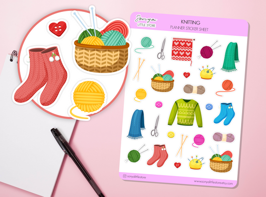 Knitting Set of Planner Stickers Sewing Tools Wools Balls of Thread Hobby Cosy Relax Bullet Journal Sticker Sheet