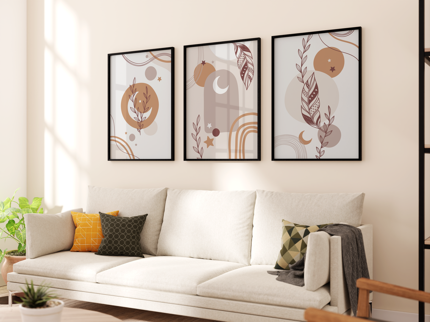 Boho Natural Tones Wall Print set of 3 | Moon Floral Abstract Poster Art  | Wall Decor A4 A3 Bedroom Living Room Home Decor