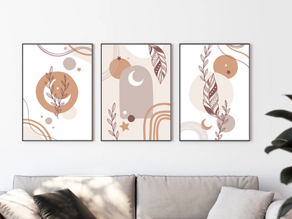 Boho Natural Tones Wall Print set of 3 | Moon Floral Abstract Poster Art  | Wall Decor A4 A3 Bedroom Living Room Home Decor