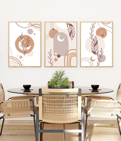 Boho Natural Tones Wall Print set of 3 | Moon Floral Abstract Poster Art  | Wall Decor A4 A3 Bedroom Living Room Home Decor