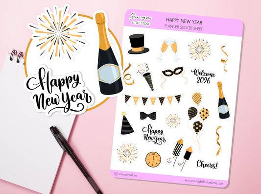 New Year Elements Planner Stickers New Year 2026 Party Celebration Diary Bullet Journal Sticker Sheet