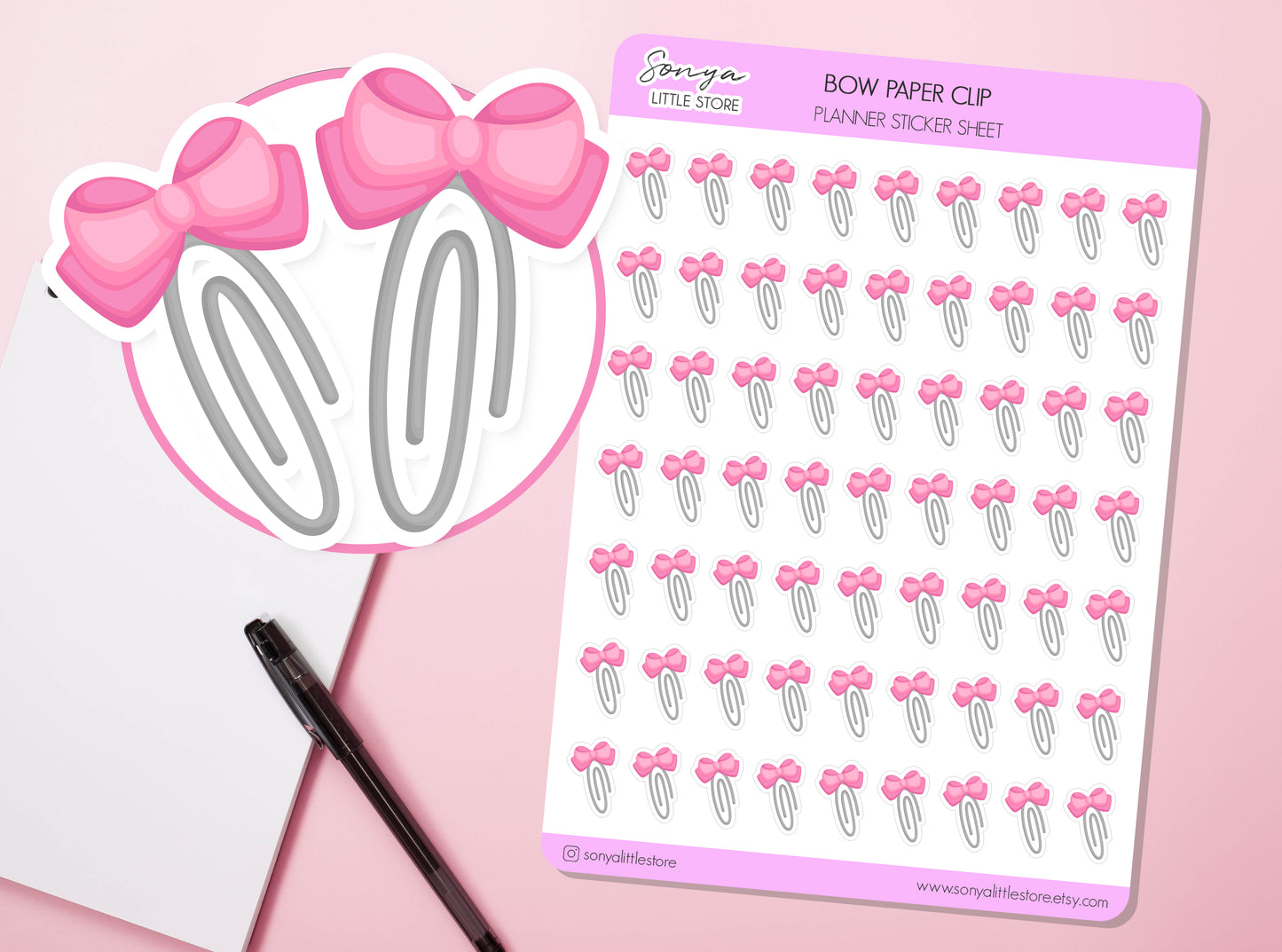 Cute Bow Paper Clip Planner Stickers Pink Bow Decorative Bullet Journal Diary Sticker Sheet