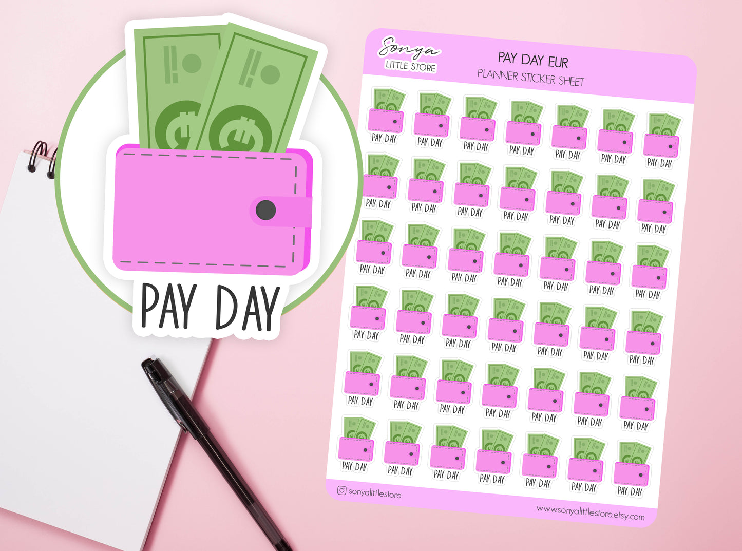 Pay Day EUR Planner Stickers | Pay Check Euro Reminder Organisational Money Wallet Diary Sticker Sheet