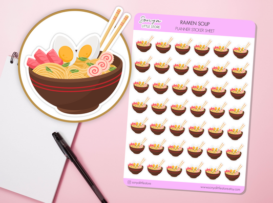 Ramen Soup Planner Stickers | Japanese Noodle Soup Diary Stickers | Meal Prep Food Journal Diary Sticker Sheet