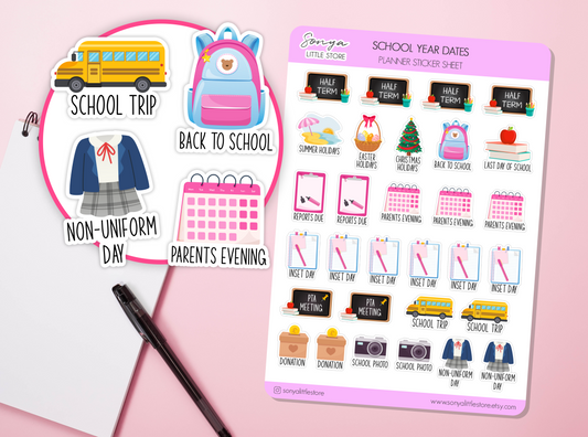 School Year Dates Planner Stickers Teacher, Inset Day, Parents Evening, School Holidays, Half Term Sticker Sheet Bullet Journal