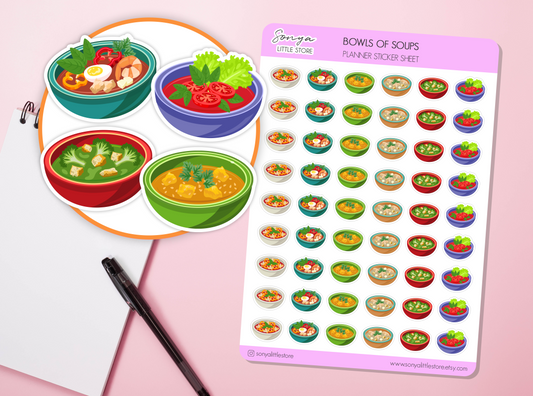 Bowls Of Soups Planner Stickers Ramen Soup Healthy Diet Cooking Food Hot Meal Lunch Dinner Bullet Journal Sticker Sheet