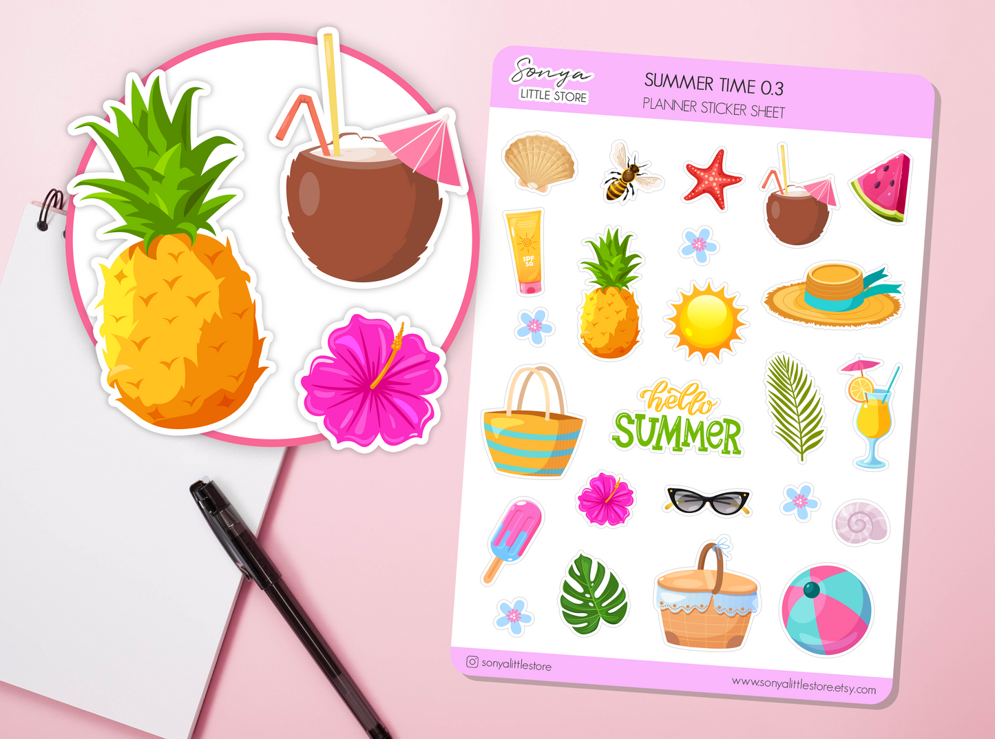 Summer Time Planner Stickers | Tropical Summer Holiday Stickers Vacation Beach Vibes Journal Diary Sticker Sheet