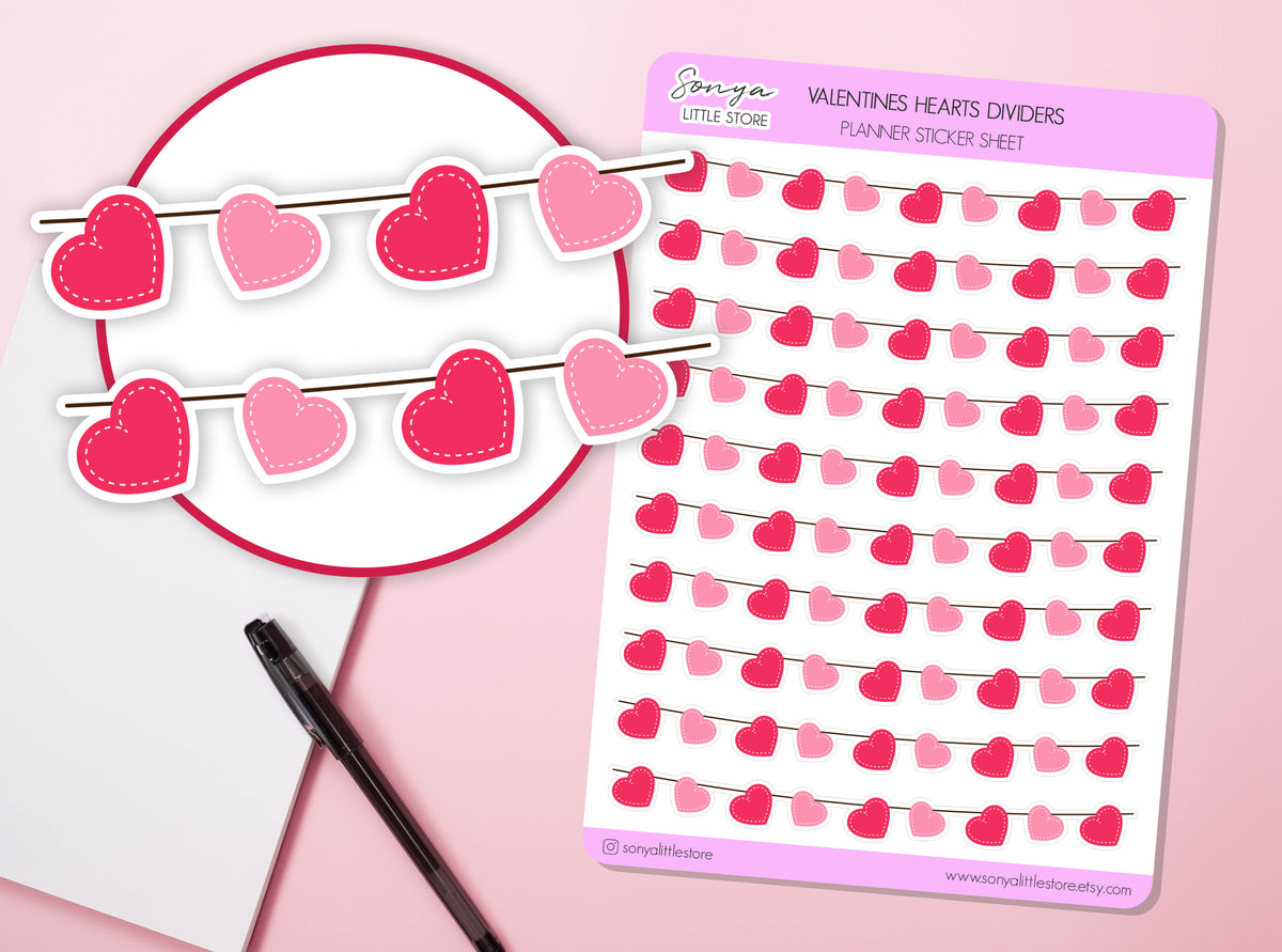 Valentine's day Hearts Dividers Planner Stickers Borders Love Garland Scrapbook Journal Diary Sticker Sheet